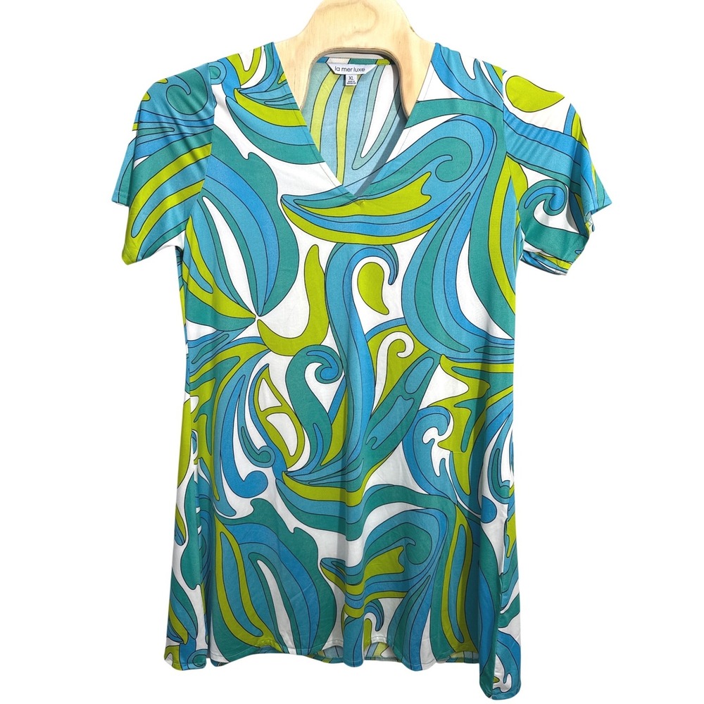 La Mer Luxe (Blue/Green) Swirl Print‎ V-Neck Dress Womens XL